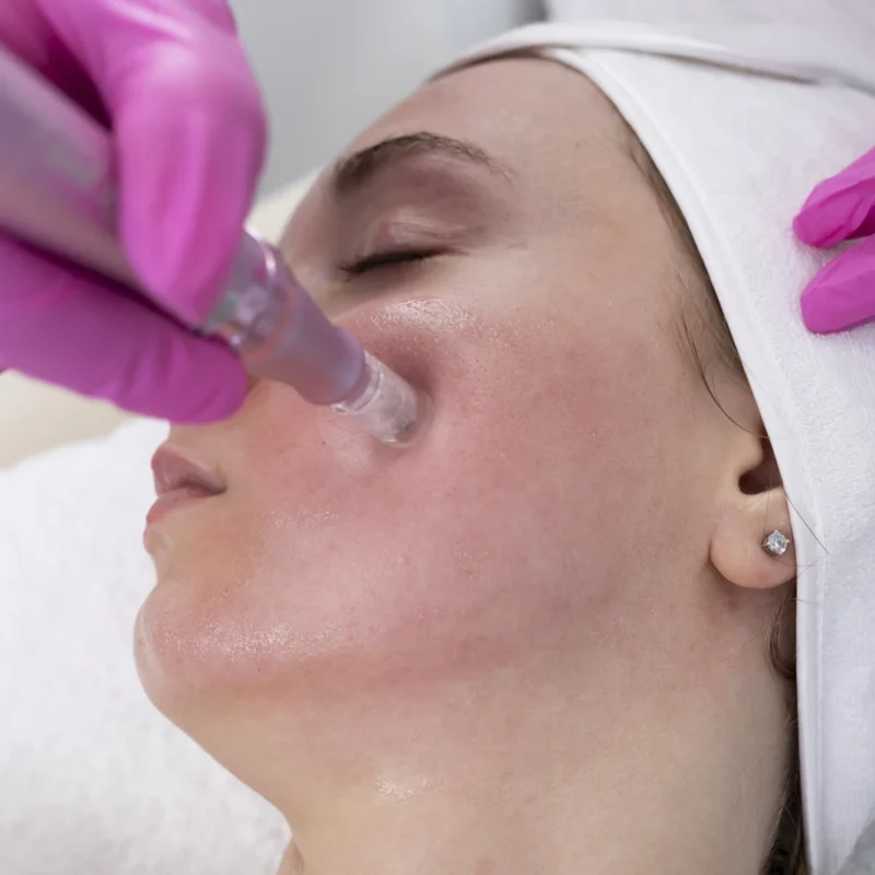 Skin needling treatment on the cheek with a pen-style device