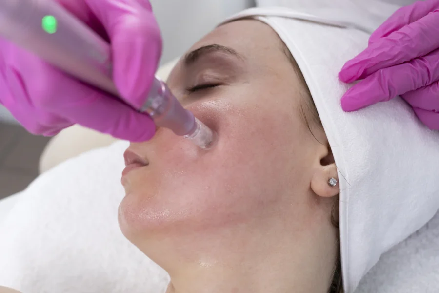 Skin needling treatment on the cheek with a pen-style device